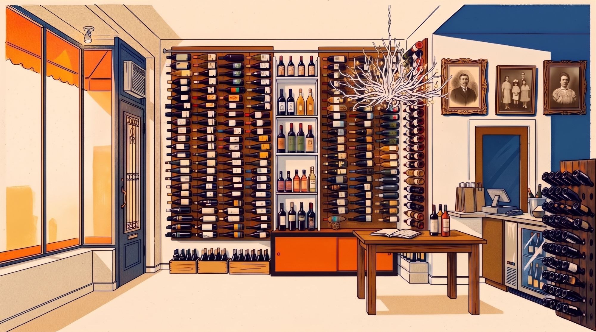 Inside Biondivino: the wine wall, the rolling ladder, the branch chandelier, the counter and the orange Vespa by the window